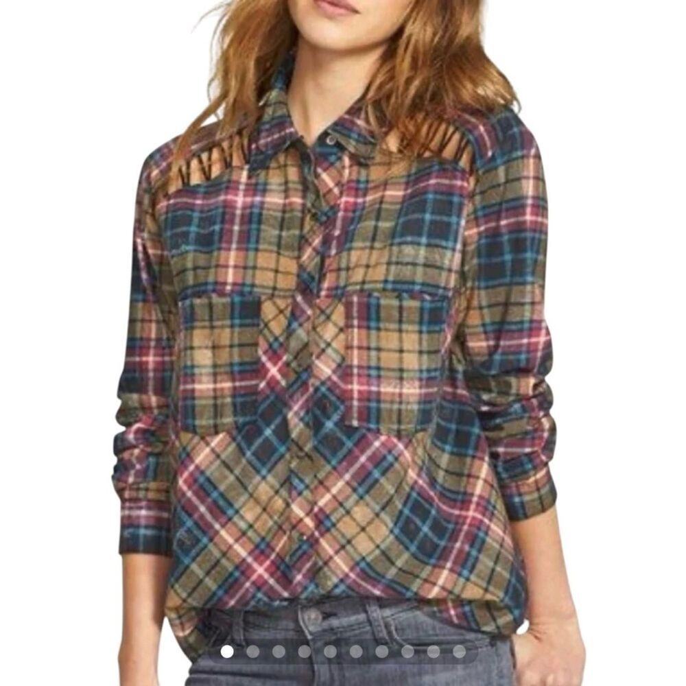 Free People Plaid Shoulder Cutout Boho Western Long Sleeve Oversized Top Shirt S